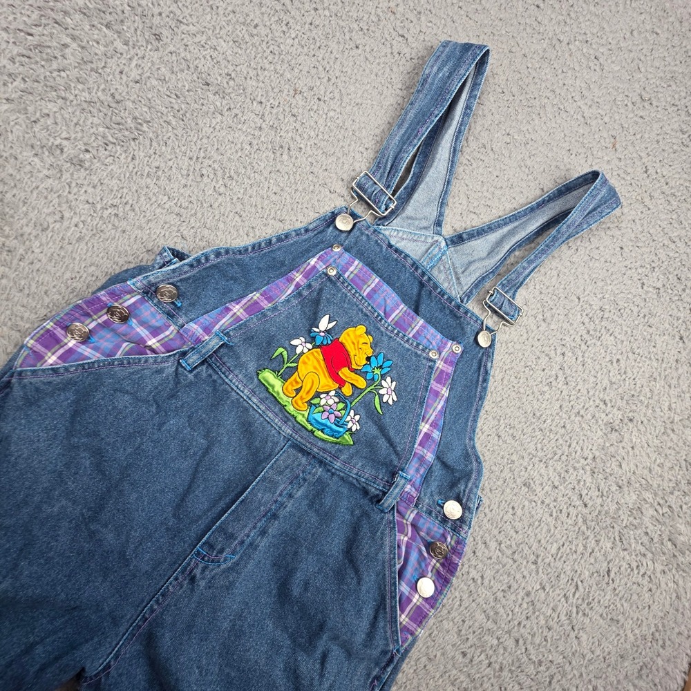 Disney Winnie the Pooh Overalls Kids Large 14/16 Blue Denim Vintage Plaid 90s